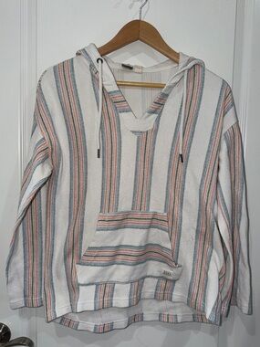 Roxy Striped Hooded Pullover - White with Blue & Coral Stripes beachwear xsmall